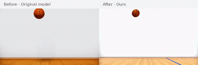 Basketball free-fall · Seed 20: original model on the left, ours on the right.