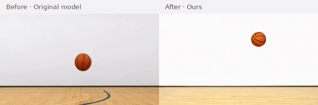 Basketball free-fall · Seed 23: original model on the left, ours on the right.