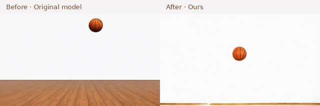 Basketball free-fall · Seed 29: original model on the left, ours on the right.
