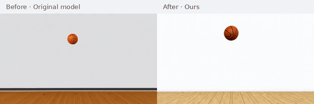 Basketball free-fall · Seed 8: original model on the left, ours on the right.