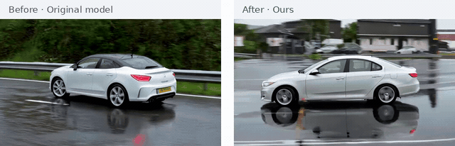 A car gliding over a road slick with rainwater.: original model on the left, ours on the right.