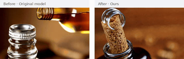 Cork being twisted out of a bottle.: original model on the left, ours on the right.