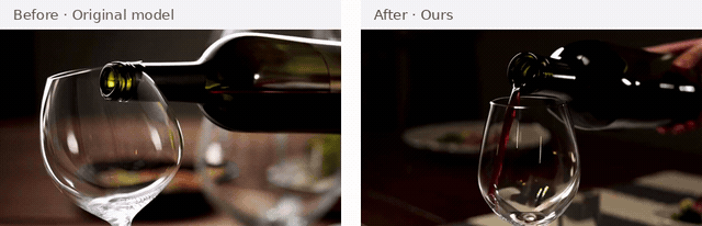Wine pouring from a bottle into a glass.: original model on the left, ours on the right.